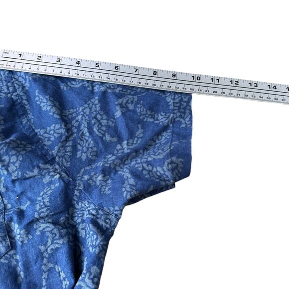 Onia Shirt Men’s Large Blue Linen Blend Leaf Print Floral Button Short Sleeve - Picture 8 of 9